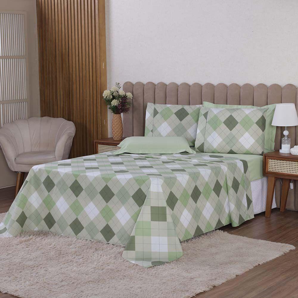 Jogo De Lençol Beatriz King 4 Peças Percal 180 Fios 100% Algodão Ponto Palito - Verde Xadrez - 1