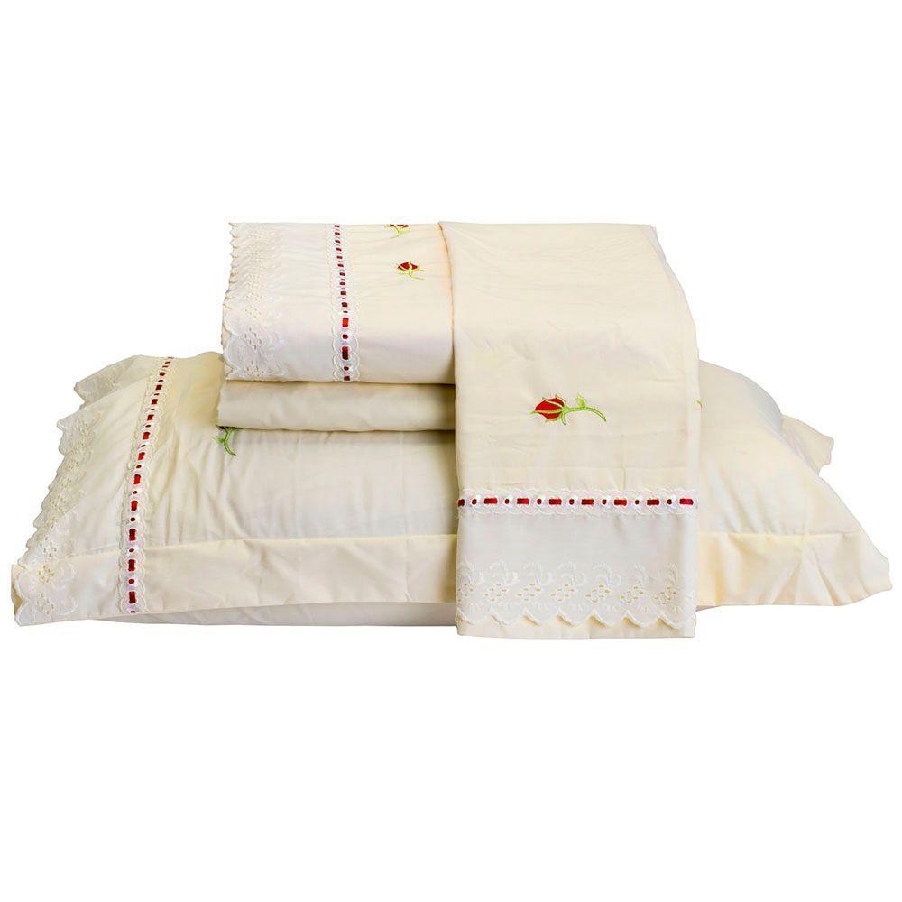Jogo De Lençol Yasmin Queen 4 Peças Percal 200 Fios 100% Algodão Bordado Floral - Palha - 1
