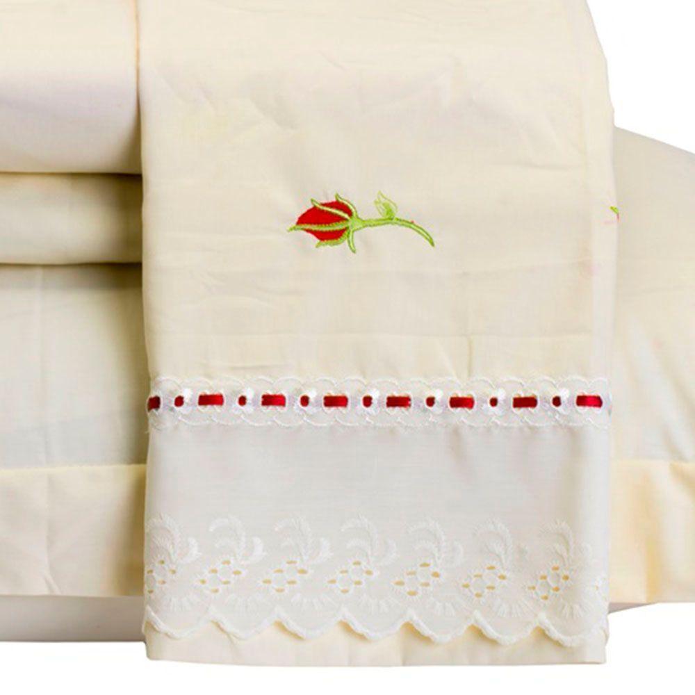 Jogo De Lençol Yasmin Queen 4 Peças Percal 200 Fios 100% Algodão Bordado Floral - Palha - 2