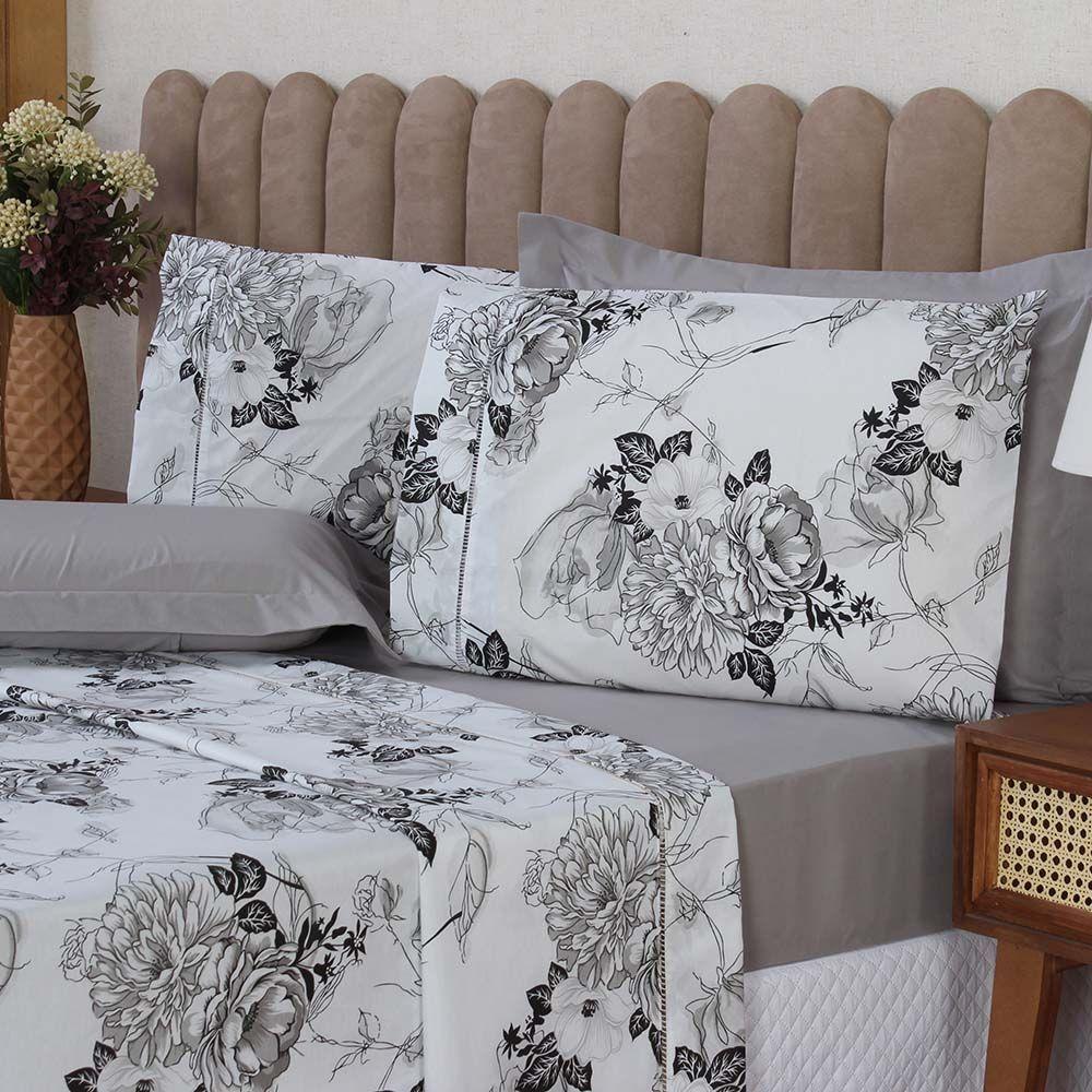 Jogo De Lençol Beatriz Queen 4 Peças Percal 180 Fios 100% Algodão Ponto Palito - Cinza Floral - 2