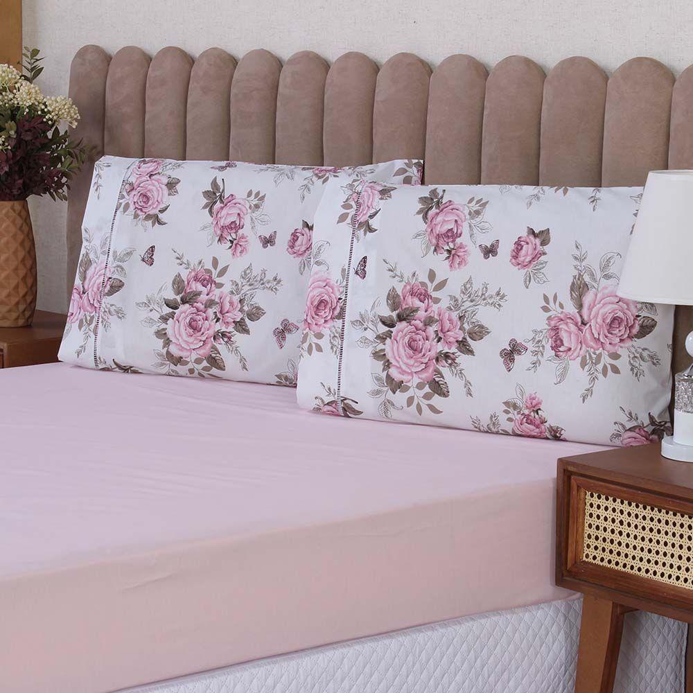 Jogo De Lençol Beatriz Casal 3 Peças Percal 180 Fios 100% Algodão Ponto Palito - Rosa Floral - 2