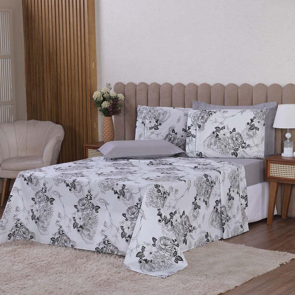 Jogo De Lençol Beatriz Casal 4 Peças Percal 180 Fios 100% Algodão Ponto Palito - Cinza Floral - 1