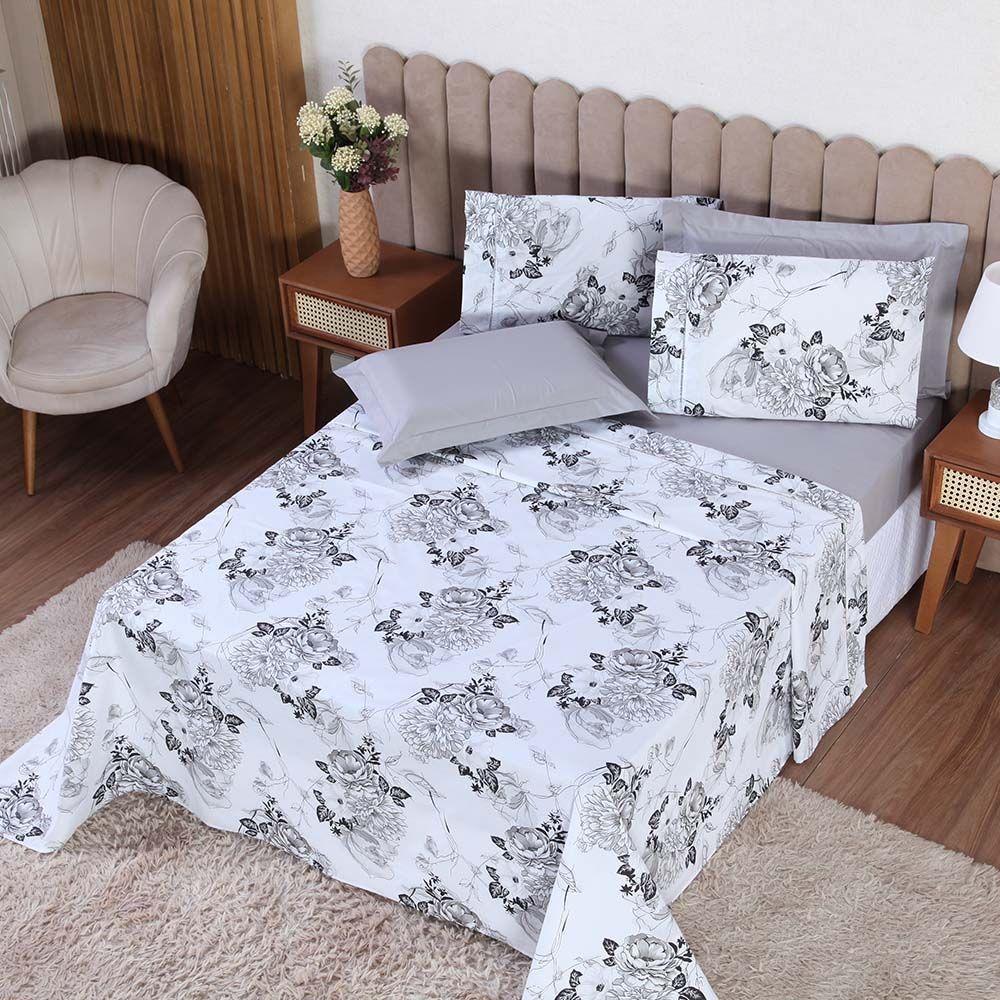 Jogo De Lençol Beatriz Casal 4 Peças Percal 180 Fios 100% Algodão Ponto Palito - Cinza Floral - 3
