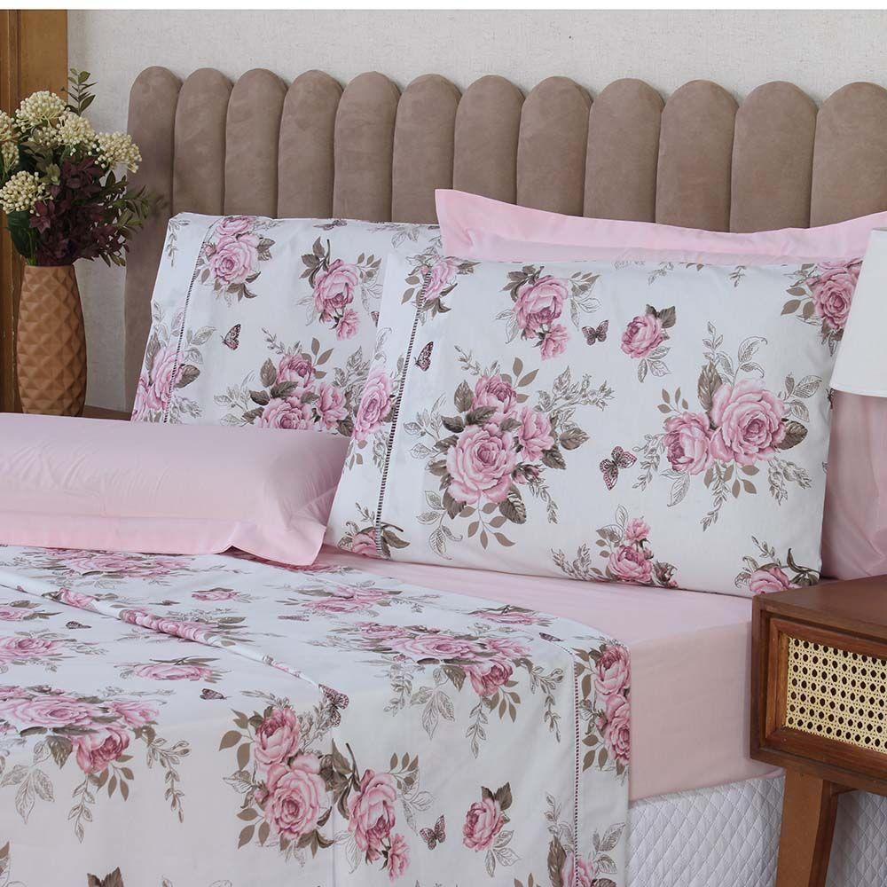 Jogo De Lençol Beatriz King 4 Peças Percal 180 Fios 100% Algodão Ponto Palito - Rosa Floral - 2