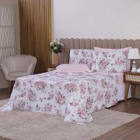 Jogo De Lençol Beatriz King 4 Peças Percal 180 Fios 100% Algodão Ponto Palito - Rosa Floral - 1