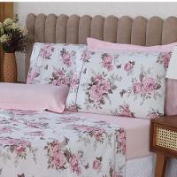 Jogo De Lençol Beatriz King 4 Peças Percal 180 Fios 100% Algodão Ponto Palito - Rosa Floral - 2