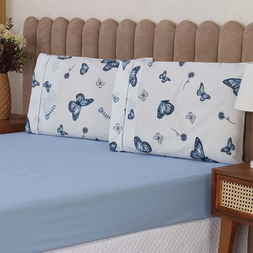 Jogo De Lençol Beatriz Solteiro 2 Peças Percal 180 Fios 100% Algodão Ponto Palito - Azul Borboleta - 2