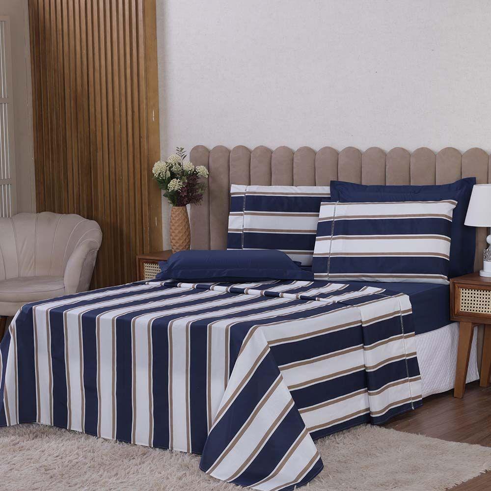 Jogo De Lençol Beatriz Queen 4 Peças Percal 180 Fios 100% Algodão Ponto Palito - Azul Marinho - 1