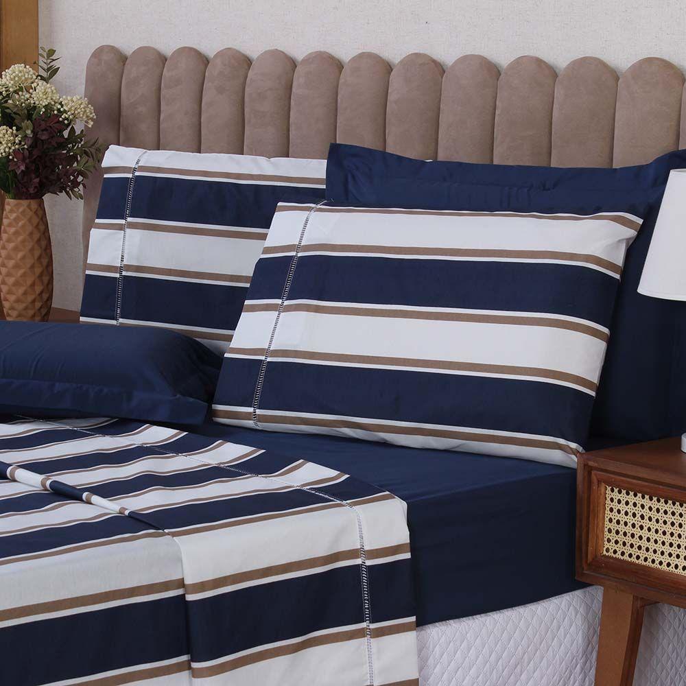 Jogo De Lençol Beatriz Queen 4 Peças Percal 180 Fios 100% Algodão Ponto Palito - Azul Marinho - 2