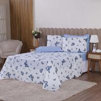 Jogo De Lençol Beatriz Queen 4 Peças Percal 180 Fios 100% Algodão Ponto Palito - Azul Borboleta - 1