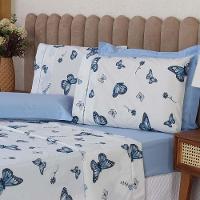 Jogo De Lençol Beatriz Queen 4 Peças Percal 180 Fios 100% Algodão Ponto Palito - Azul Borboleta - 2
