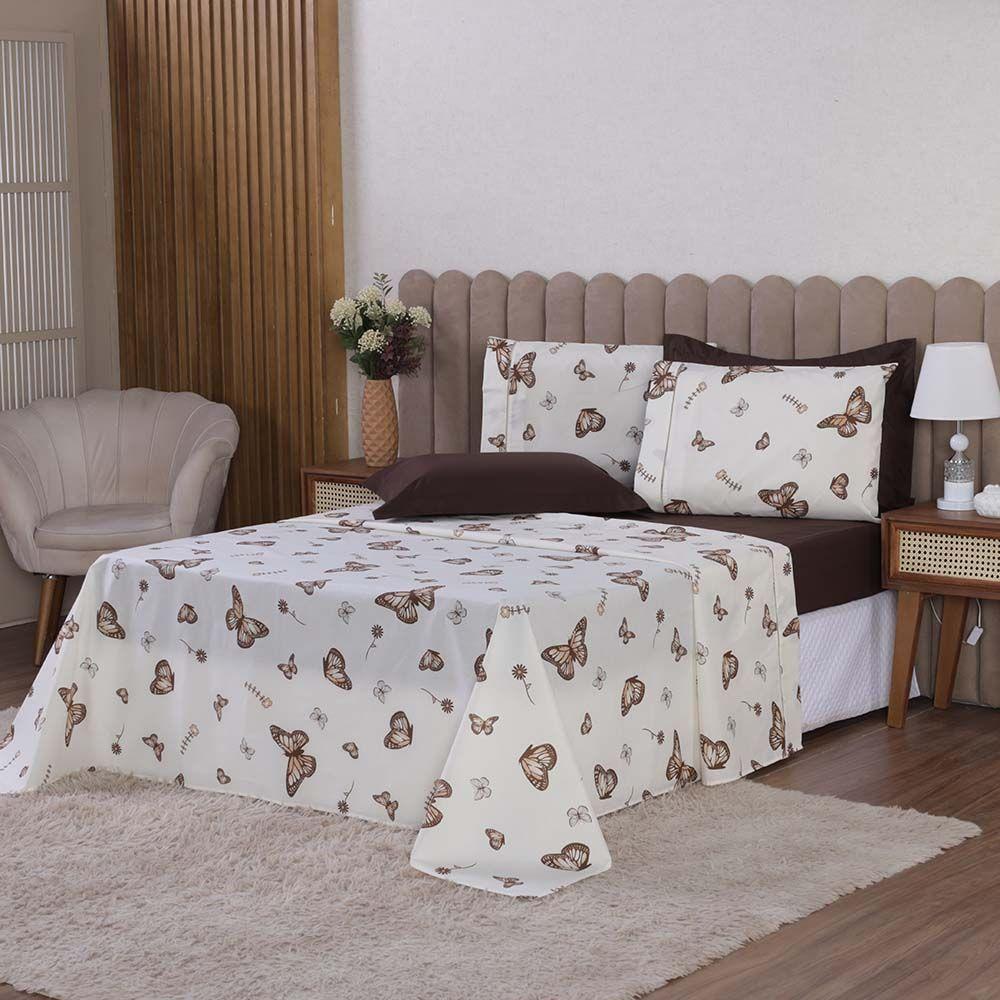 Jogo De Lençol Beatriz Queen 4 Peças Percal 180 Fios 100% Algodão Ponto Palito - Marrom Borboleta - 1