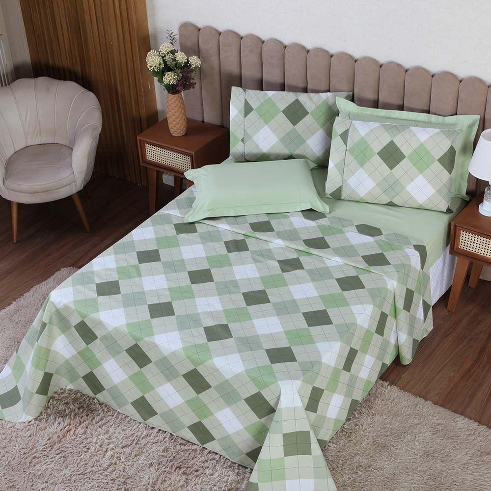 Jogo De Lençol Beatriz Queen 4 Peças Percal 180 Fios 100% Algodão Ponto Palito - Verde Xadrez - 3