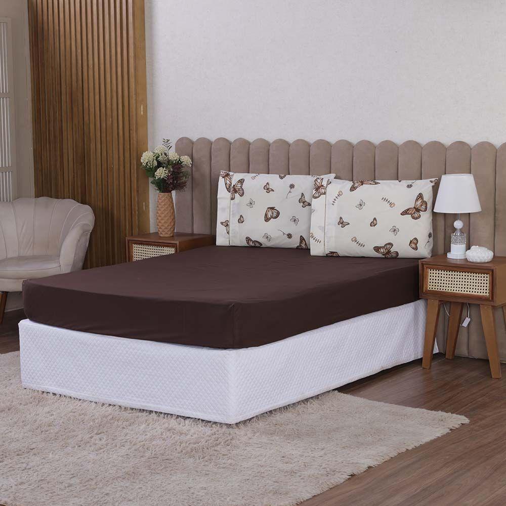 Jogo De Lençol Beatriz Queen 3 Peças Percal 180 Fios 100% Algodão Ponto Palito - Marrom Borboleta - 1