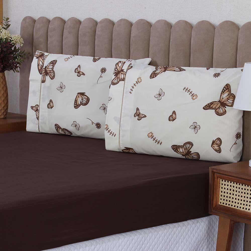 Jogo De Lençol Beatriz Queen 3 Peças Percal 180 Fios 100% Algodão Ponto Palito - Marrom Borboleta - 2