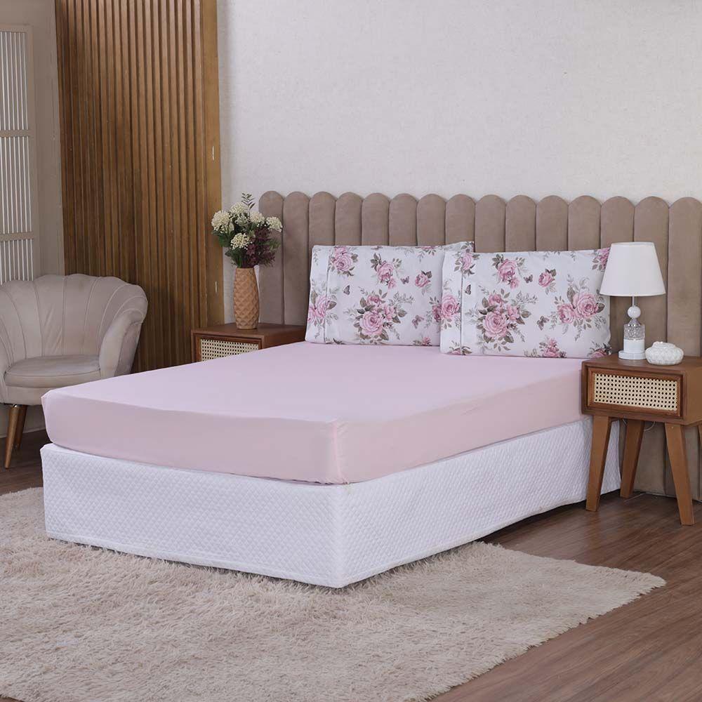 Jogo De Lençol Beatriz Queen 3 Peças Percal 180 Fios 100% Algodão Ponto Palito - Rosa Floral - 1