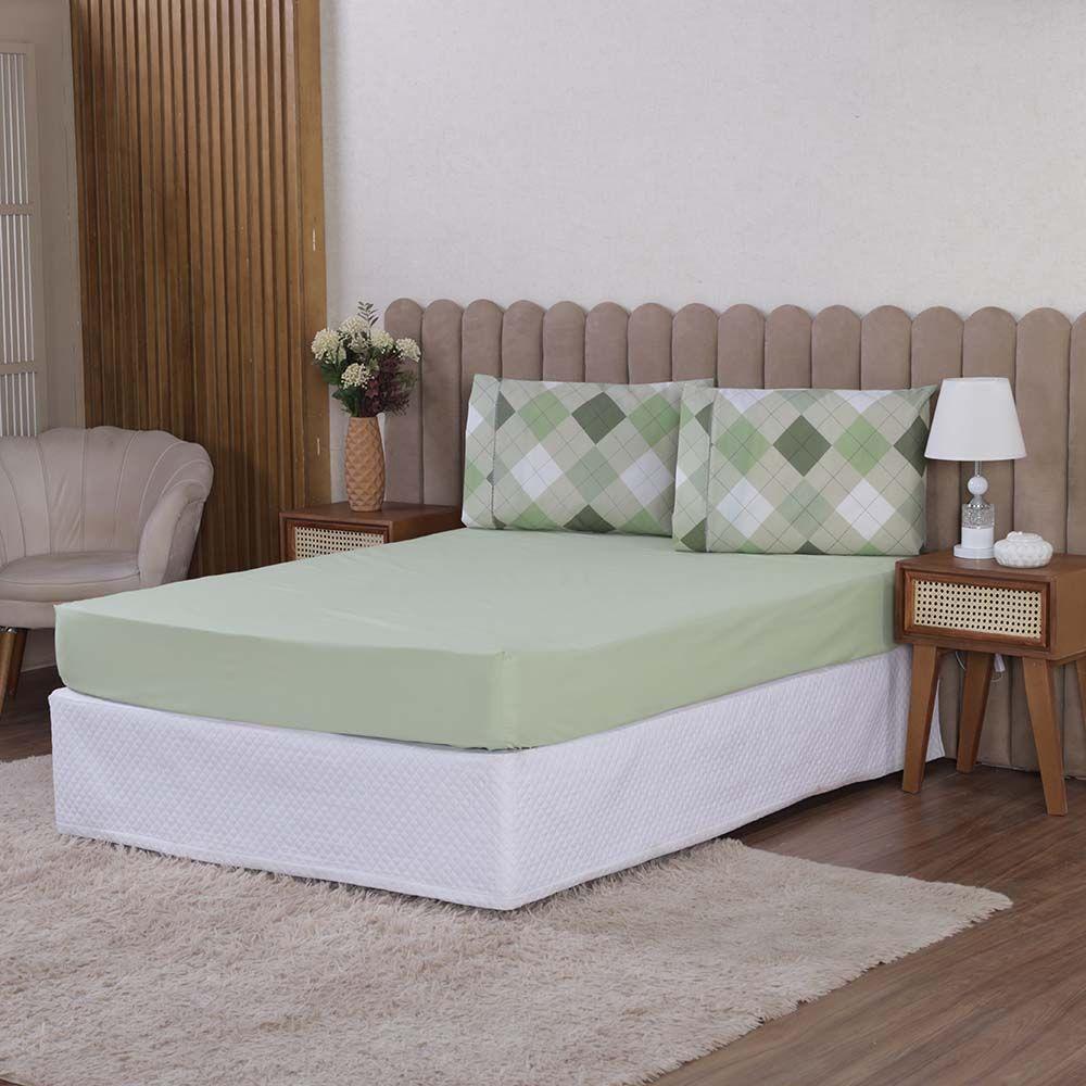 Jogo De Lençol Beatriz Casal 3 Peças Percal 180 Fios 100% Algodão Ponto Palito - Verde Xadrez - 1