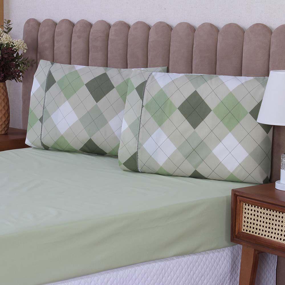 Jogo De Lençol Beatriz Casal 3 Peças Percal 180 Fios 100% Algodão Ponto Palito - Verde Xadrez - 2