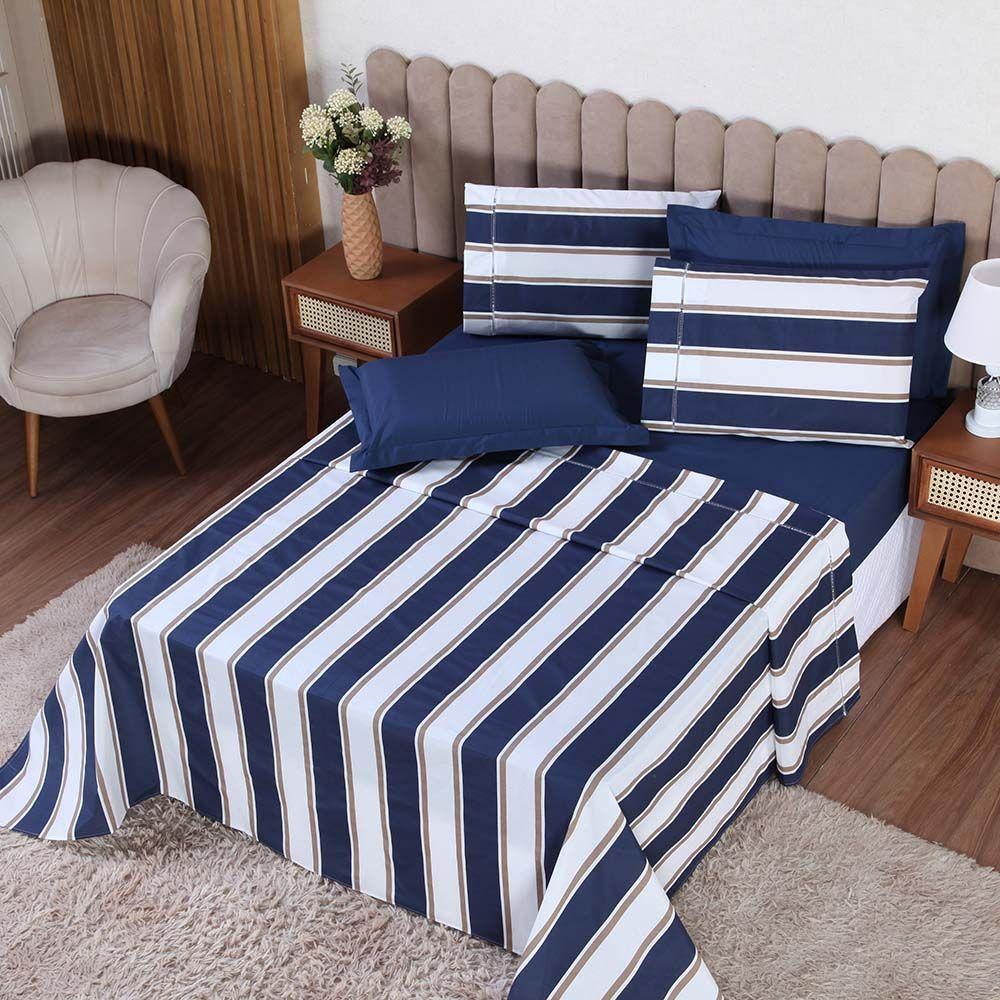 Jogo De Lençol Beatriz King 4 Peças Percal 180 Fios 100% Algodão Ponto Palito - Azul Marinho - 3