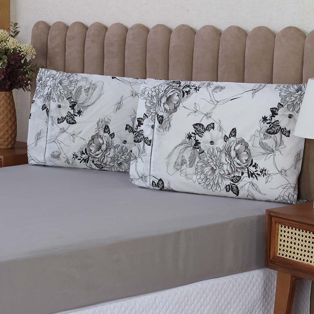 Jogo De Lençol Beatriz Queen 3 Peças Percal 180 Fios 100% Algodão Ponto Palito - Cinza Floral - 2