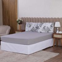 Jogo De Lençol Beatriz Queen 3 Peças Percal 180 Fios 100% Algodão Ponto Palito - Cinza Floral - 1