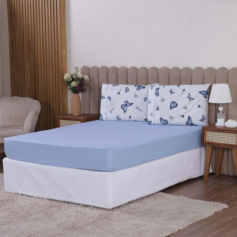 Jogo De Lençol Beatriz Queen 3 Peças Percal 180 Fios 100% Algodão Ponto Palito - Azul Borboleta - 1