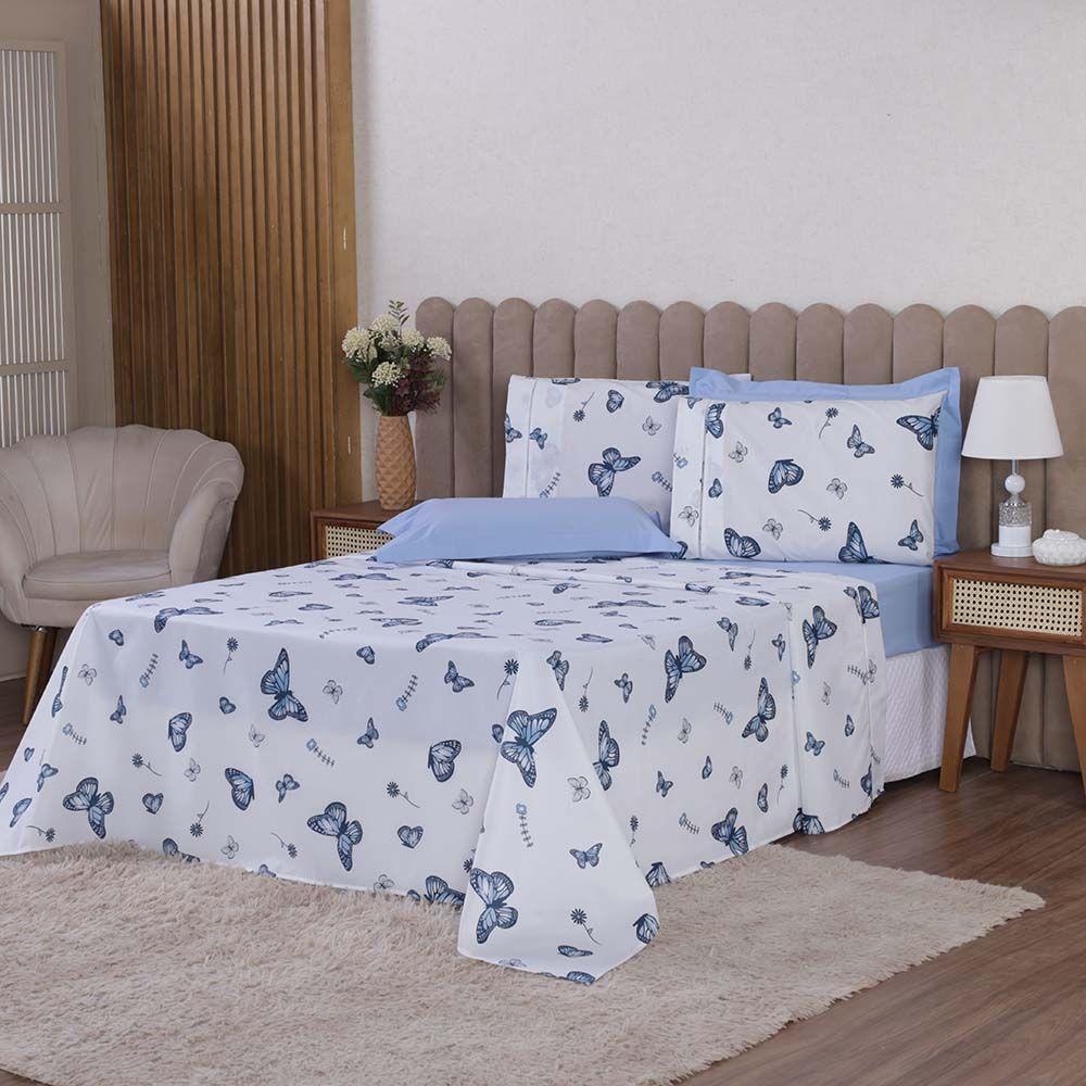 Jogo De Lençol Beatriz King 4 Peças Percal 180 Fios 100% Algodão Ponto Palito - Azul Borboleta - 1