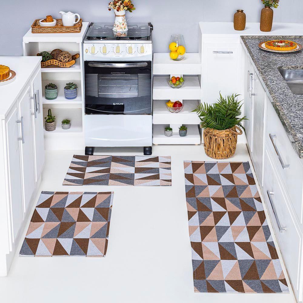 Kit Passadeira Tapete Cozinha 3 Peças Jacquard Base Antiderrapante - Losango Avelã - 1
