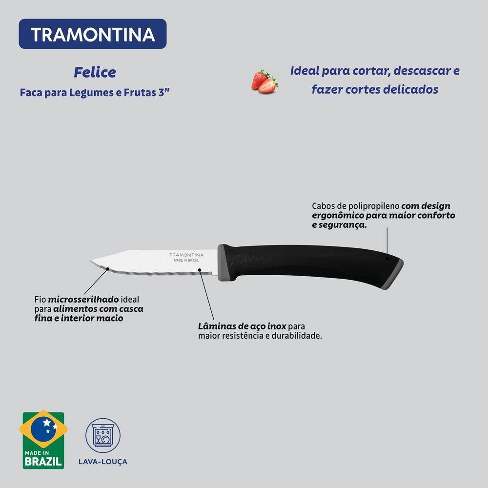 Conjunto Facas Legumes Frutas Tramontina Felice Lâminas Aço Inox Fio Microsserrilhado Preto 02 Peças Tramontina - 4