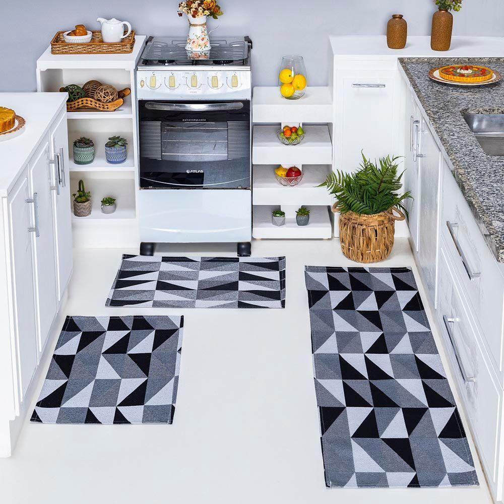 Kit Passadeira Tapete Cozinha 3 Peças Jacquard Base Antiderrapante - Losango Preto E Branco - 1