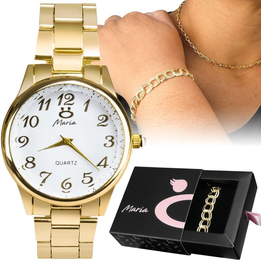 Relógio Feminino Dourado Banhado Strass + Colar + Pulseira Original Qualidade Premium Presente Moda - 1