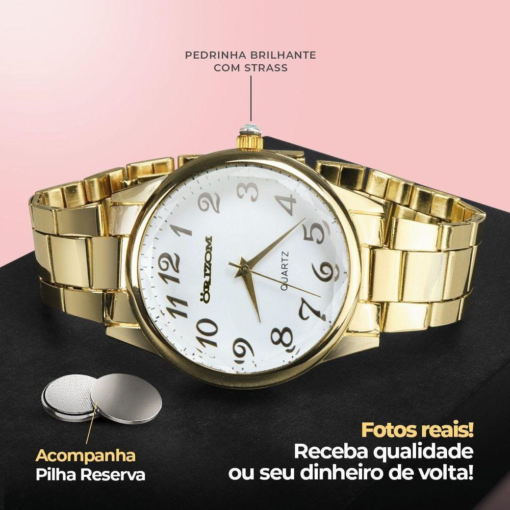 Relógio Feminino Dourado Banhado Strass + Colar + Pulseira Original Qualidade Premium Presente Moda - 3