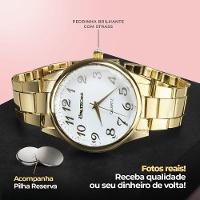 Relógio Feminino Dourado Banhado Strass + Colar + Pulseira Original Qualidade Premium Presente Moda - 3