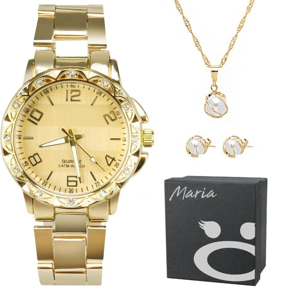 Relógio Feminino Dourado Strass Aço + Colar Brincos + Caixa Ouro Qualidade Premium Casual Presente - 1
