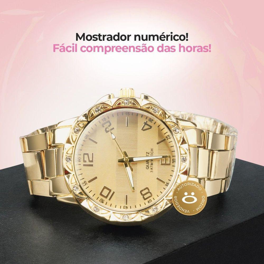 Relógio Feminino Dourado Strass Aço + Colar Brincos + Caixa Ouro Qualidade Premium Casual Presente - 3