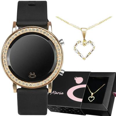 Relogio Feminino Digital Banhado Aço Inox + Colar Coração Moda Casual Qualidade Premium Stras Preto