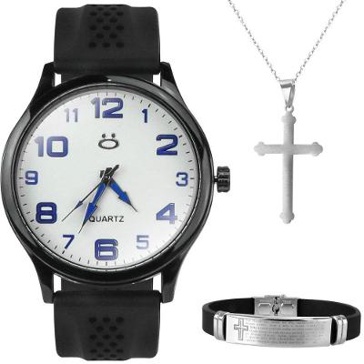 Relogio Masculino Aço Preto + Pulseira Robusto Inoxidável Original Presente Ponteiro Branco Preto
