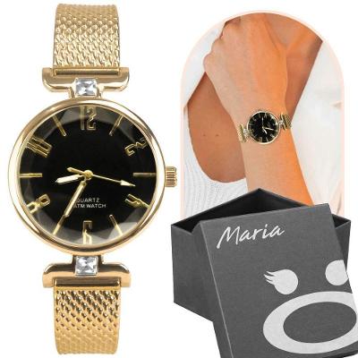 Relogio Feminino Aço Inox Dourado Banhado Silicone + Caixa Moda Fundo Preto Strass Casual Presente