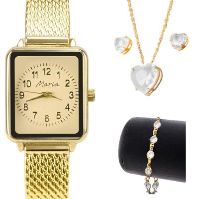 Relogio Feminino Aço Inox + Pulseira + Colar Brincos Ajustavel Quadrado Social Analogico Original
