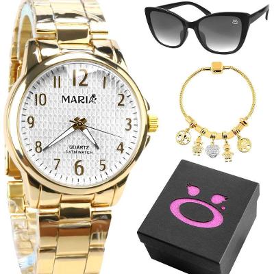 Relogio Feminino Dourado Aço + Pulseira Personalizavel Presente Inoxidável Redondo Proteção Uv Moda