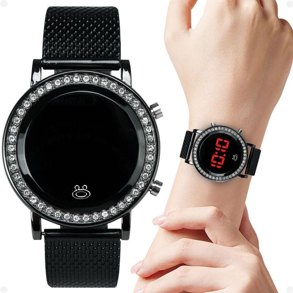 Relogio Feminino Led Aço Strass Preto Digital Casual Redondo Presente Ajustavel Social - 1