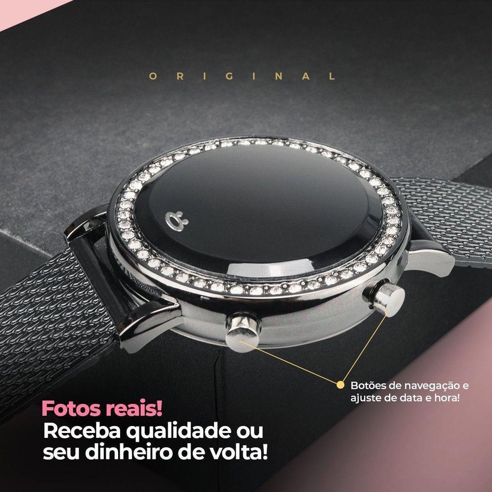 Relogio Feminino Led Aço Strass Preto Digital Casual Redondo Presente Ajustavel Social - 3