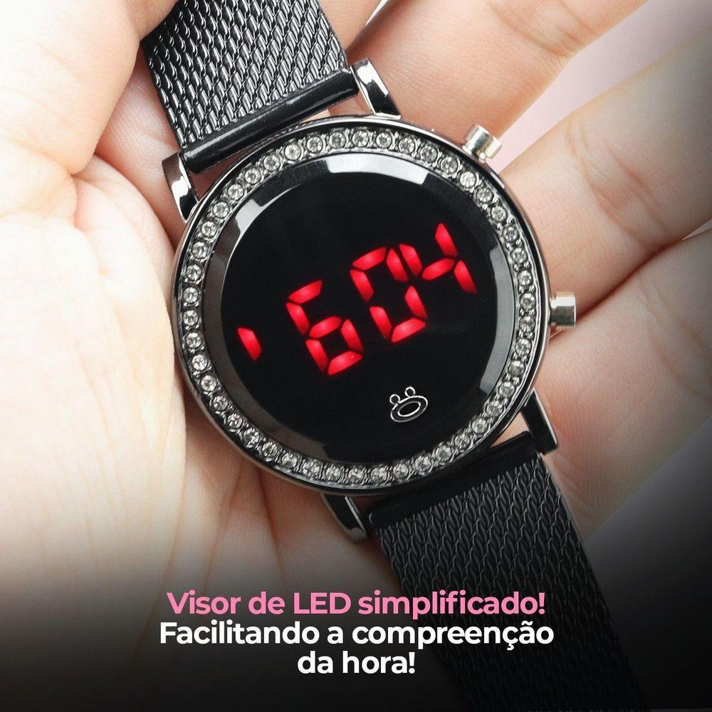 Relogio Feminino Led Aço Strass Preto Digital Casual Redondo Presente Ajustavel Social - 7