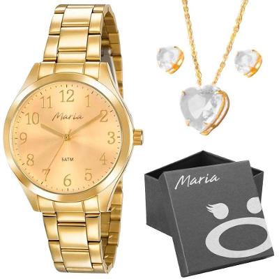 Relogio Feminino Aço Inox Dourado + Brincos + Colar Moda Qualidade Premium Casual Presente Strass