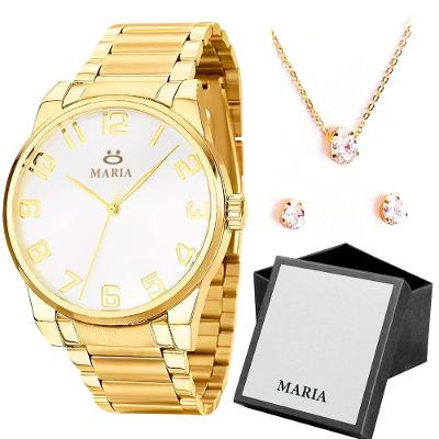 Relogio Feminino Dourado Aço Inox Ou Caixa + Brincos + Colar Strass Presente Moda Inoxidável Banhado
