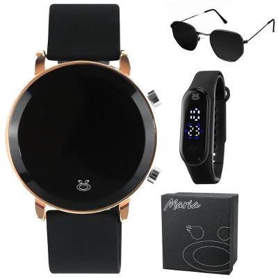 Relogio Feminino Aço Inox Digital + Caixa + Oculos Sol Dourado Moda Presente Qualidade Premium Preto