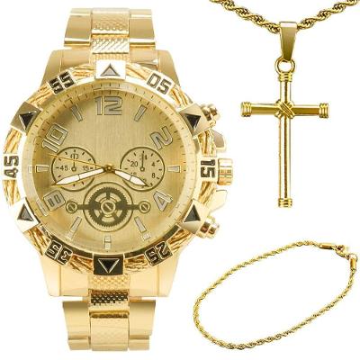Relogio Masculino Banhado Dourado + Pulseira + Crucifixo Prova Dagua Casual Grande Social Robusto