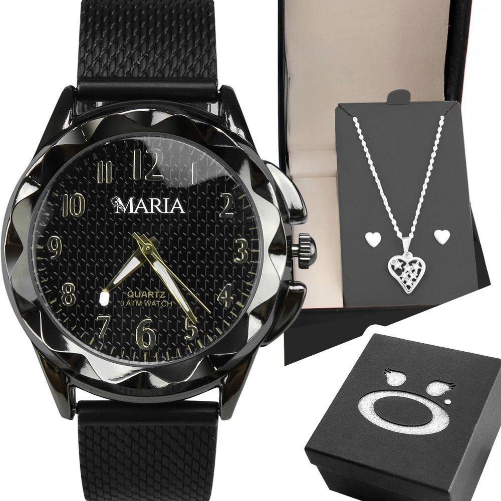 Relogio Feminino Aço Preto + Colar Brinco Coração + Caixa Black Piano Social Inoxidável Original - 1