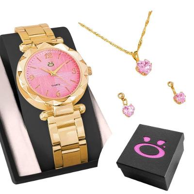 Relogio Feminino Rosa Aço + Caixa + Colar Strass Ponteiro Qualidade Premium Garantia Presente Social