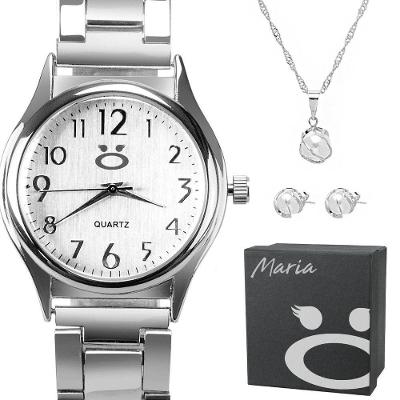 Relogio Feminino Prata Aço Inox + Caixa + Colar Brincos Original Qualidade Premium Social Perola